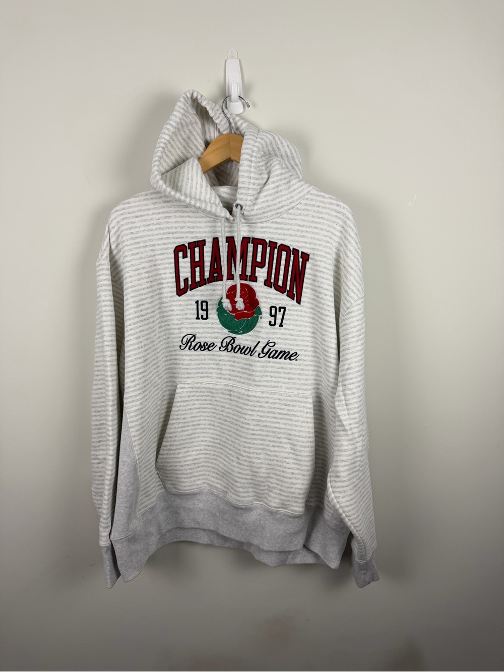 Champion White Striped Crewneck Sweatshirt with Red & Green Logo